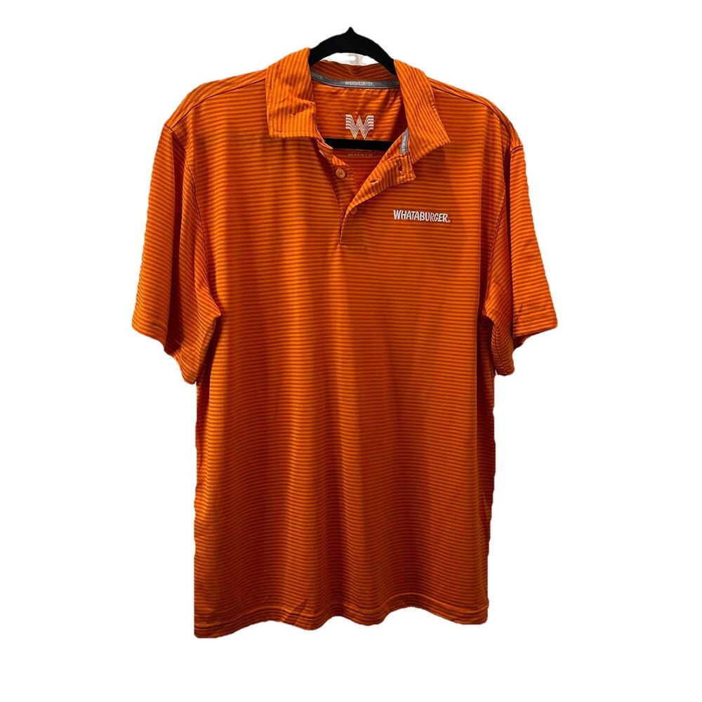 WHATABURGER Polo Shirt Men's Size M Orange Striped Short-Sleeve Employee Uniform